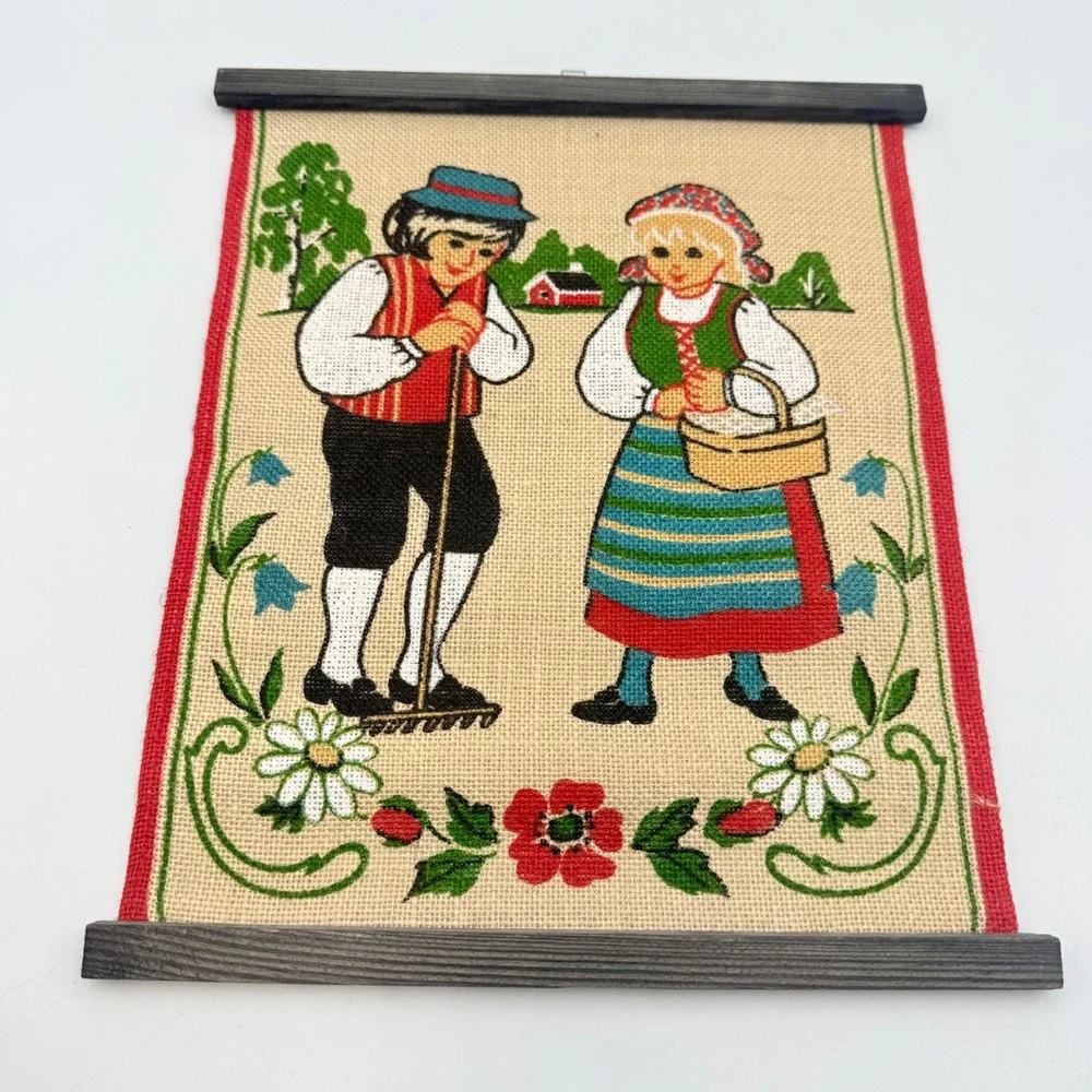 Vintage Stildukar Sweden Jute Wall Hanging Folk Art Boy Girl Traditional